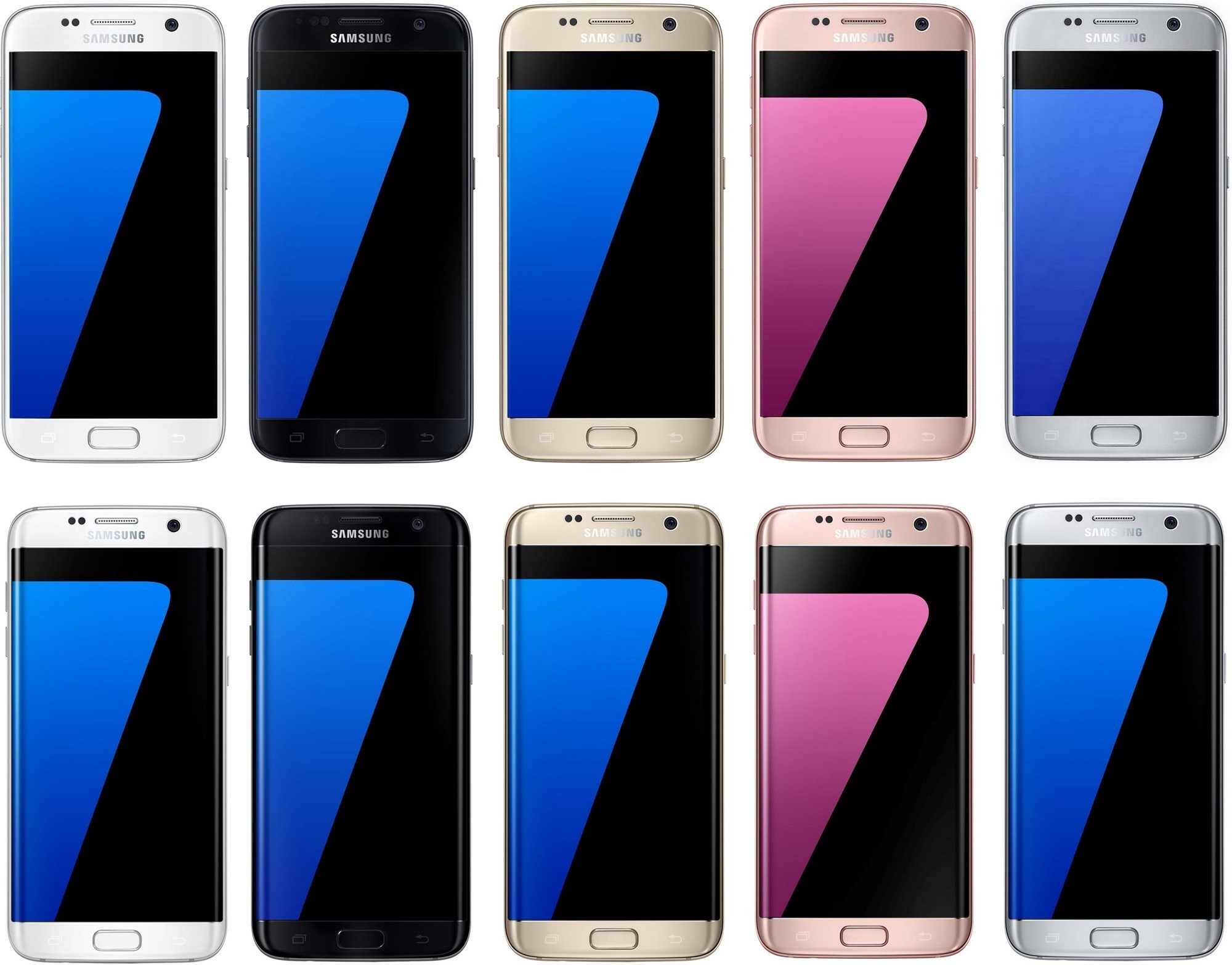 Samsung Galaxy S7 edge a Galaxy S7 v bielej, zlatej a červenej farbe